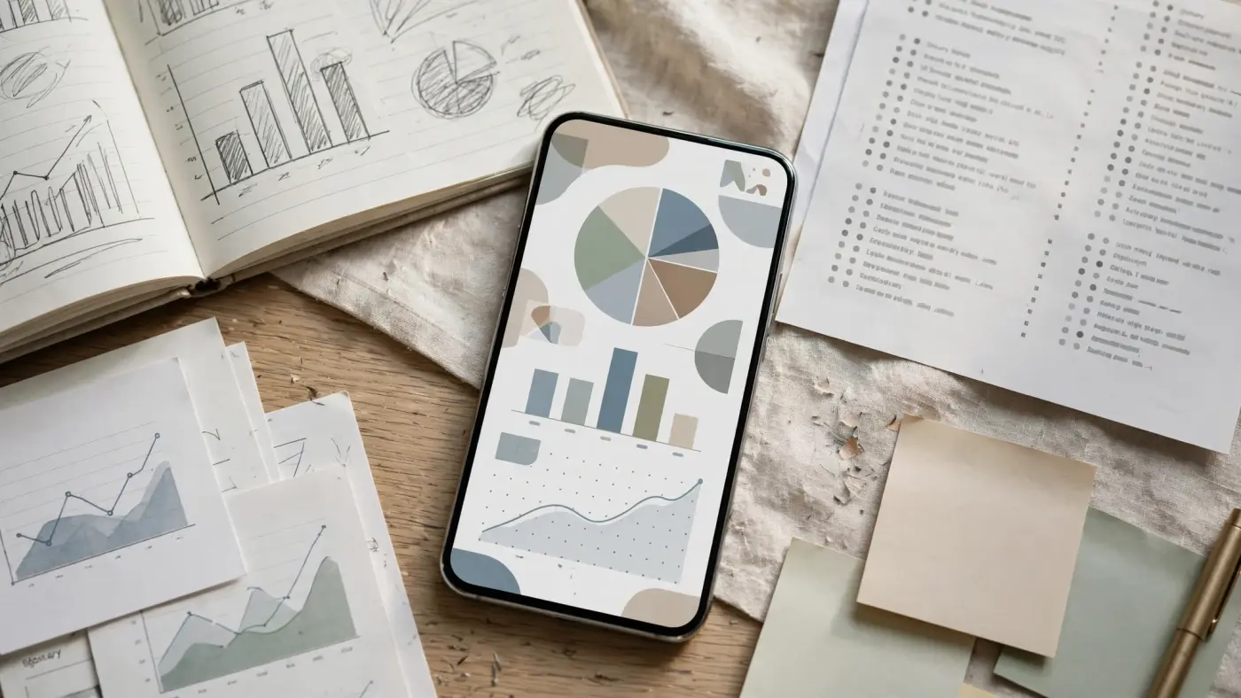 Smartphone sobre un escritorio mostrando una aplicación de finanzas personales con gráficos abstractos